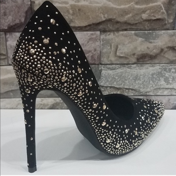Shoes - Black Suede Gold Studded Pointed Toe Pumps